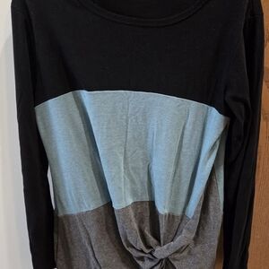 Colorblock Knot Front Long Sleeve Top - Black, Light Blue, Gray